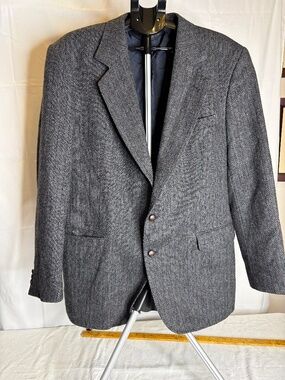 VTG Today's Man Brookcraft 43L Herringbone 100% Wool Blazer Leather Buttons Czec
